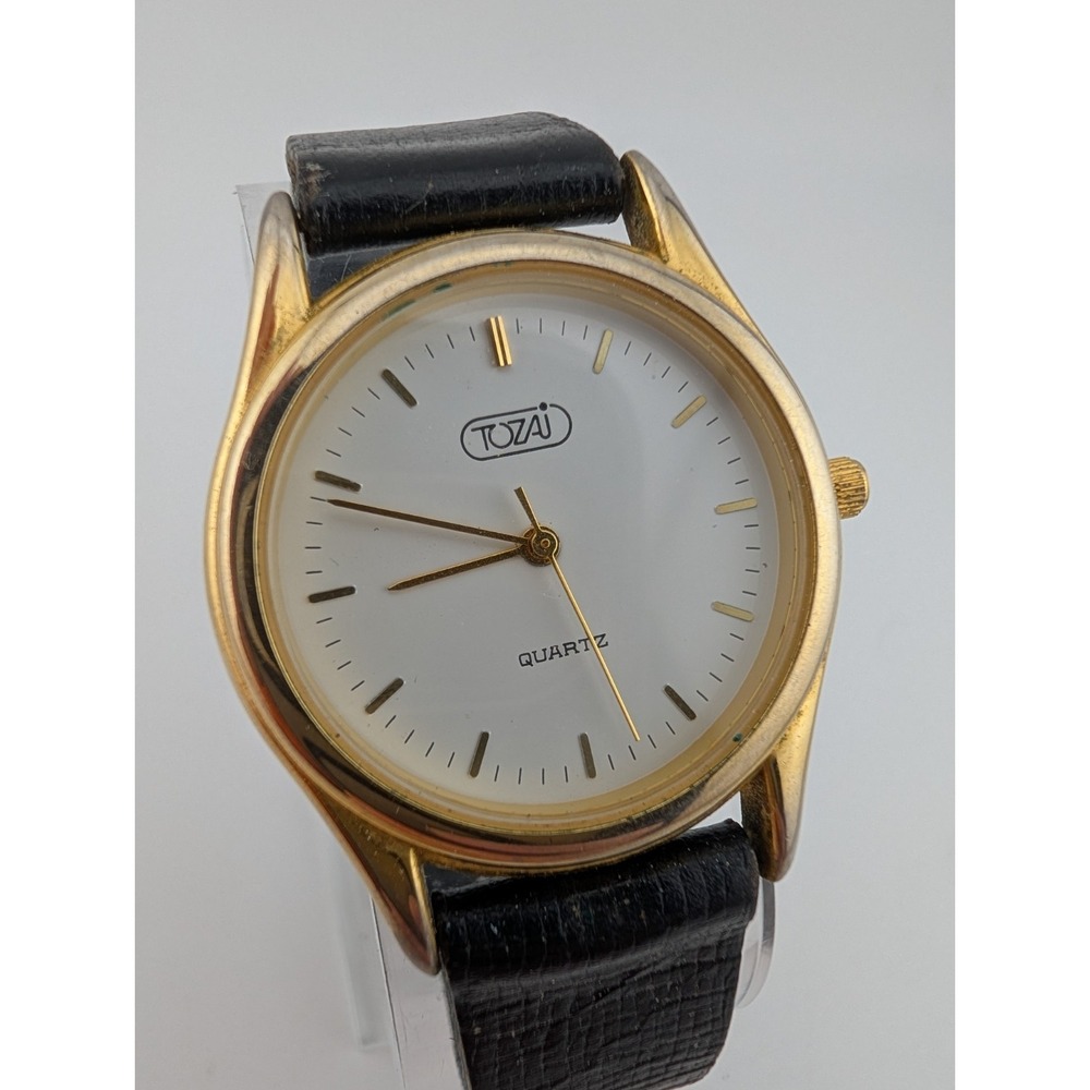 Vintage Tozai‎ Watch Women 33mm Gold Case Black Leather Band- New Battery